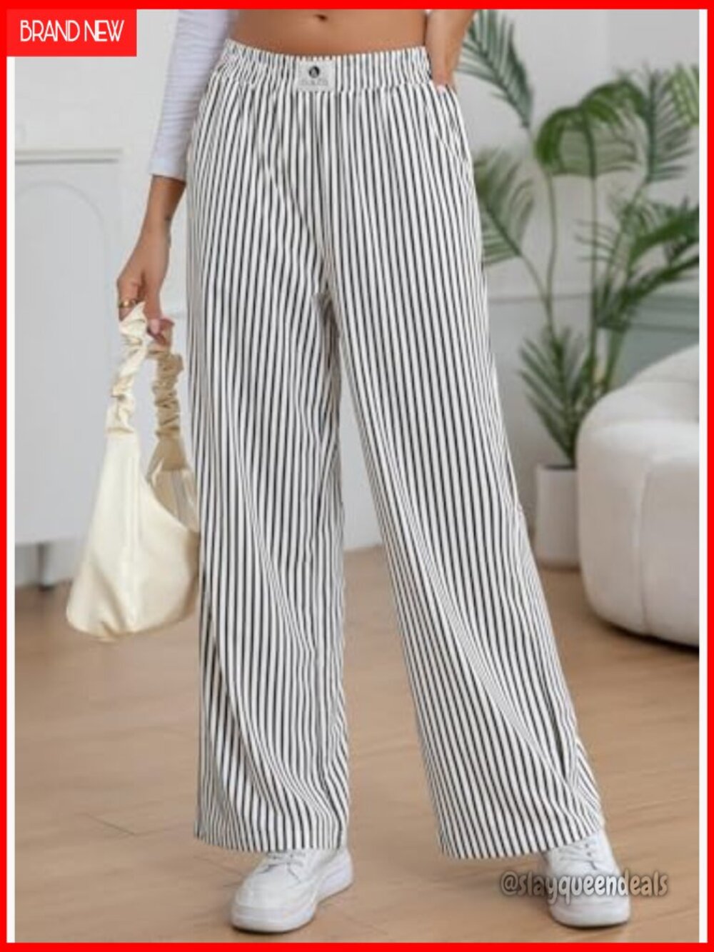 Striped High Waist Wide Leg Pajama Pants Comfy Lounge Bottoms - Picture 2 of 7